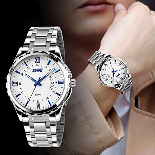 Men's Unique Roman Numeral Analog Quartz Waterproof Business Casual Stainless Steel Band Dress Wrist Fashion Calendar Watch with White Dial - Silver Blue