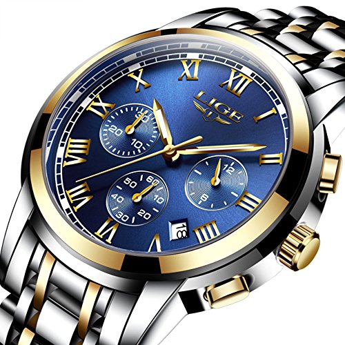 LIGE Men's Quartz Stainless Steel Watch, Color:Bl...