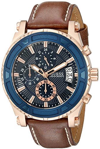 GUESS  Brown + Blue Genuine Leather Chronograph W...