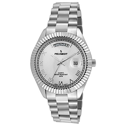 Peugeot Stainless Steel Silver Day Date Roman Num...