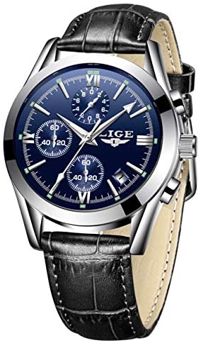 LIGE Mens Watch Leather Analog Quartz Wristwatch ...