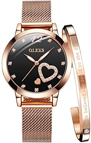 OLEVS Women's Rose Gold Watches Heart Diamond Jap...
