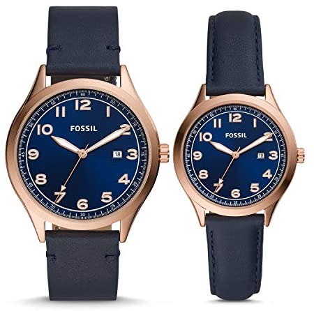 Fossil His and Her Wylie Three-Hand Navy Leather ...