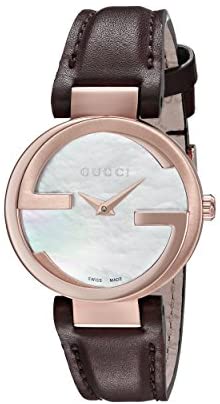 Gucci Interlocking Quartz Metal and Leather Brown...
