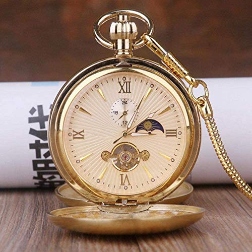 LUNAH Pocket Watch with Chain Golden Moon Phase M...