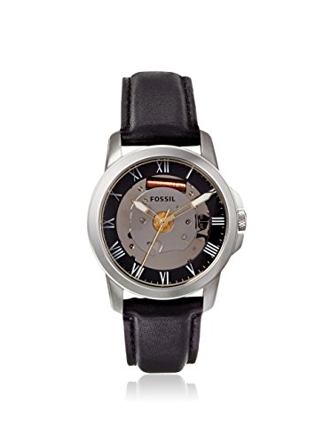 Fossil Grant Silver Skeleton Dial SS Leather Quar...