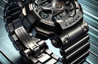 Close-up of a rugged black G-Shock analog-digital wristwatch with a metal band, showing the detailed face and buttons.