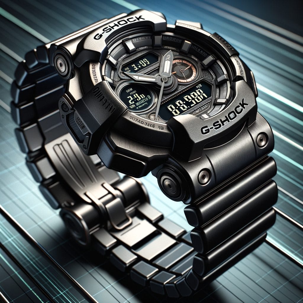 Close-up of a rugged black G-Shock analog-digital wristwatch with a metal band, showing the detailed face and buttons.