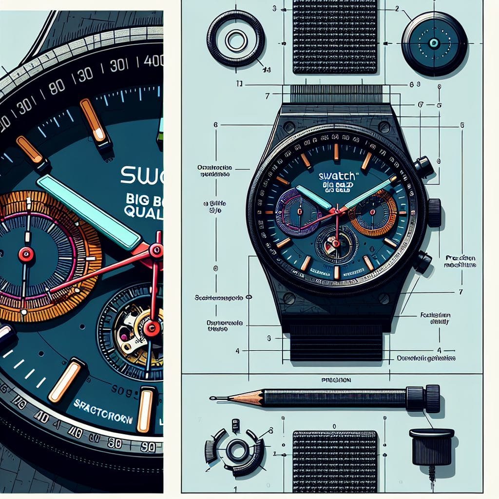 Close-up technical illustration of a Swatch Big Bold Quartz watch with labeled parts and detailed design.