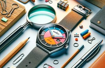 Colorful Swatch quartz wristwatch on a wooden desk surrounded by pens, paper clips, and office supplies.