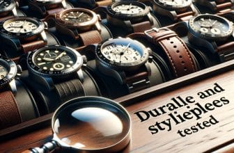 Collection of stylish wristwatches with leather straps displayed with a magnifying glass and text about durability.