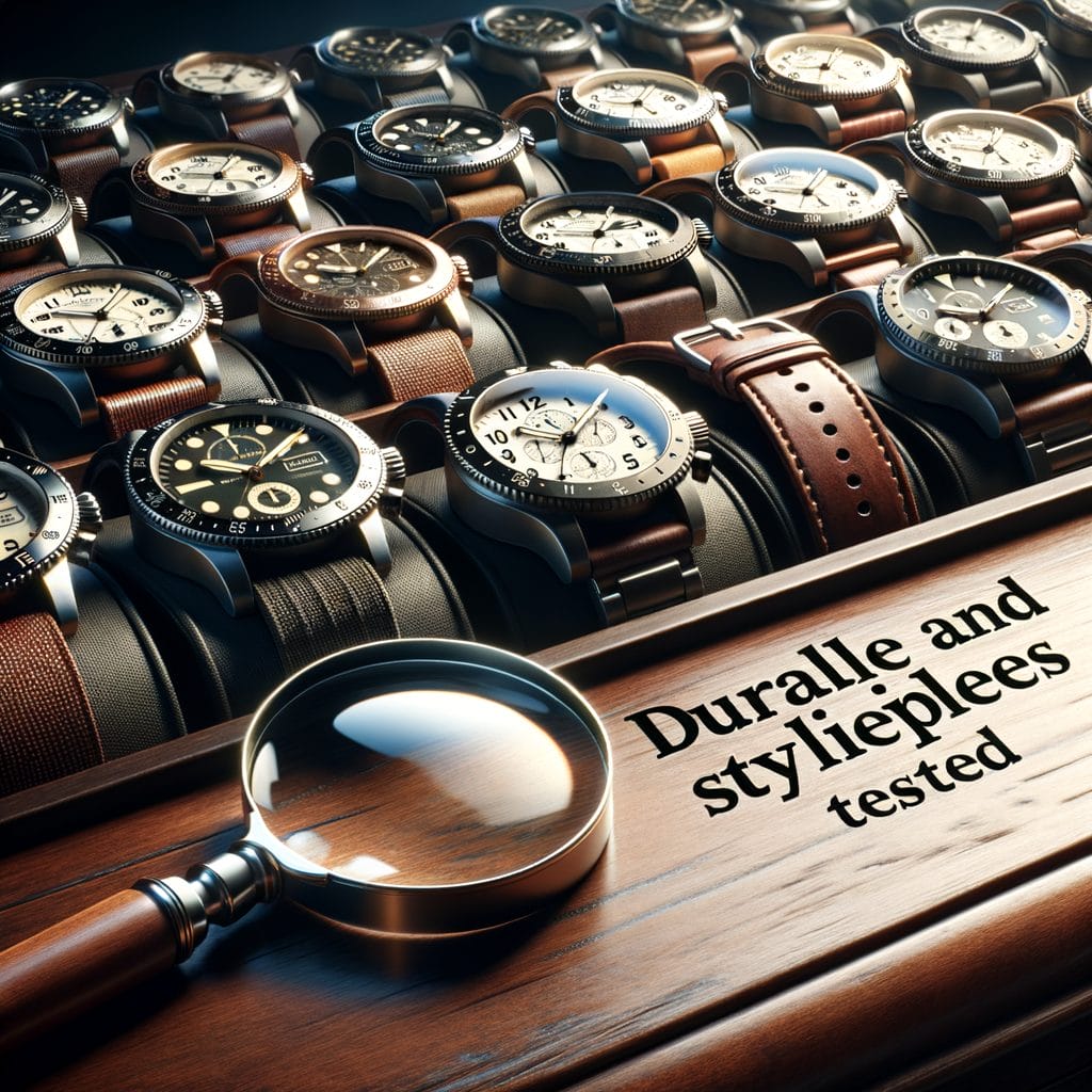 Collection of stylish wristwatches with leather straps displayed with a magnifying glass and text about durability.